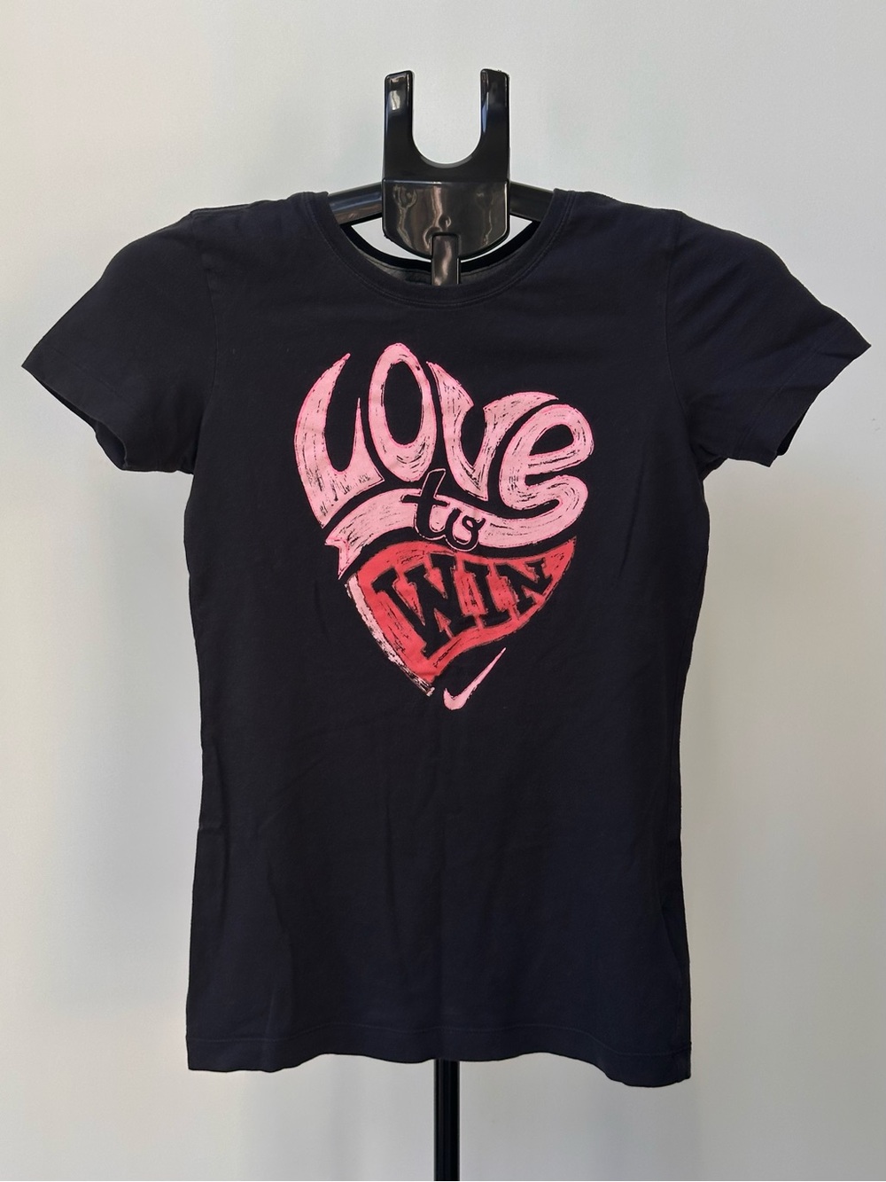 Nike Black Short-Sleeve Tee with Pink and Red Heart Graphic Women’s Size S